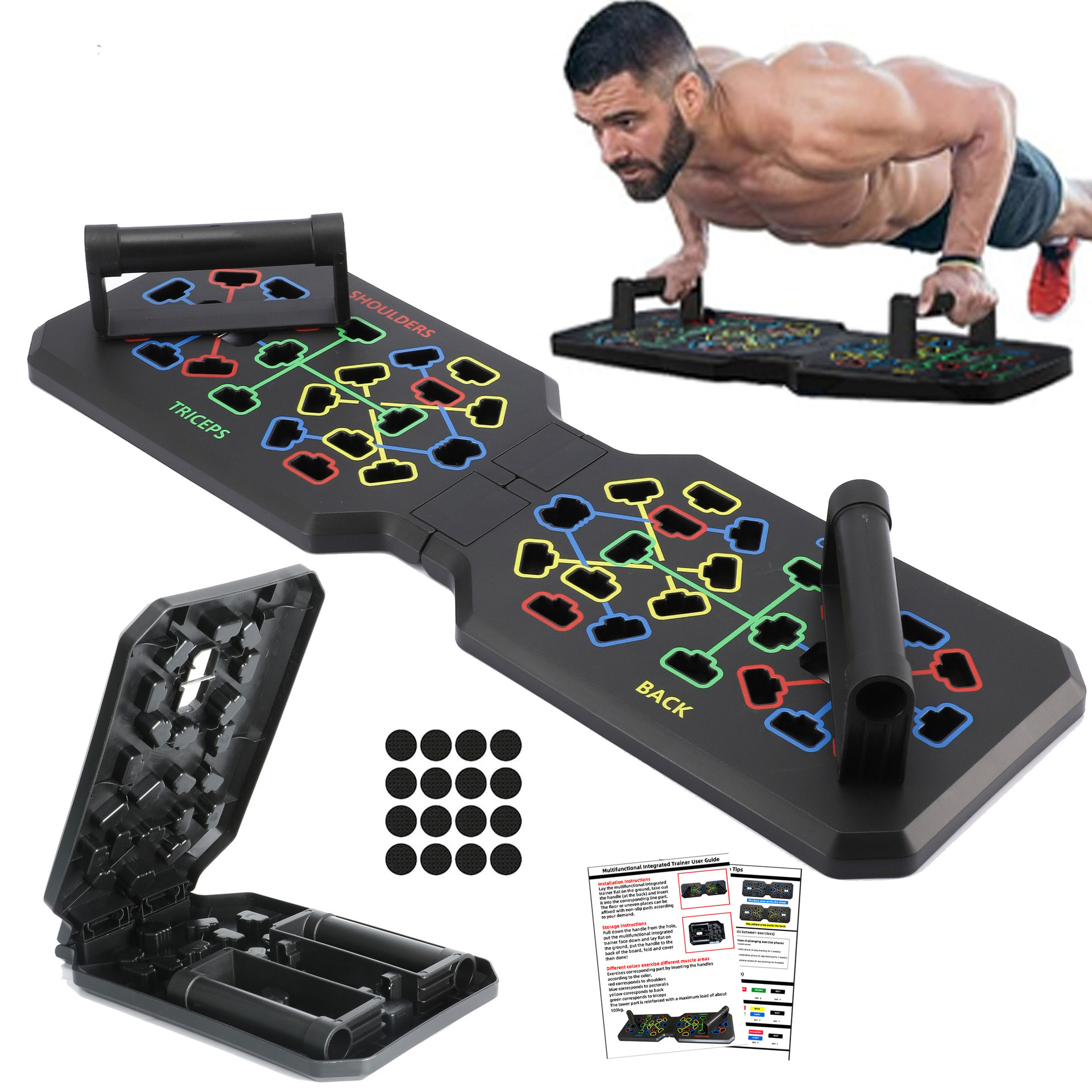 Push Up Board Foldable Multi Function - 折りたたみ式プッシュアップボードシステム、多機能カラーコード付きプッシュアップスタンド、ポータブルな胸筋・肩・三頭筋・背筋トレーニング器具、ホームワークアウト用