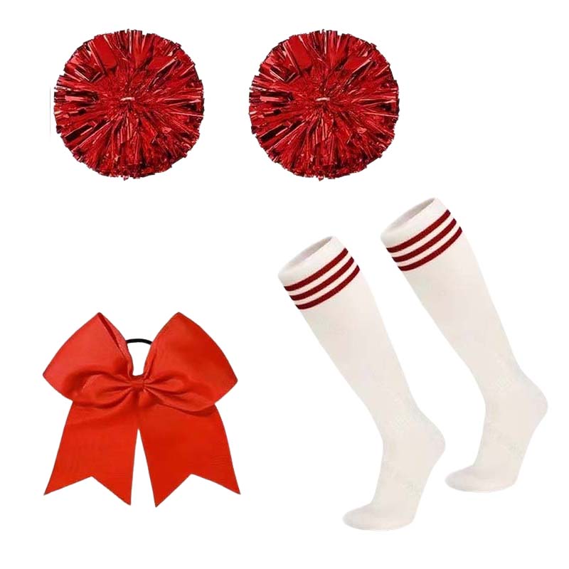 Team Sports - 4ピース チアリーダーポンポンセット ヘアベルト、リボン、ソックス付き レッド チア用品 学校チームスポーツ