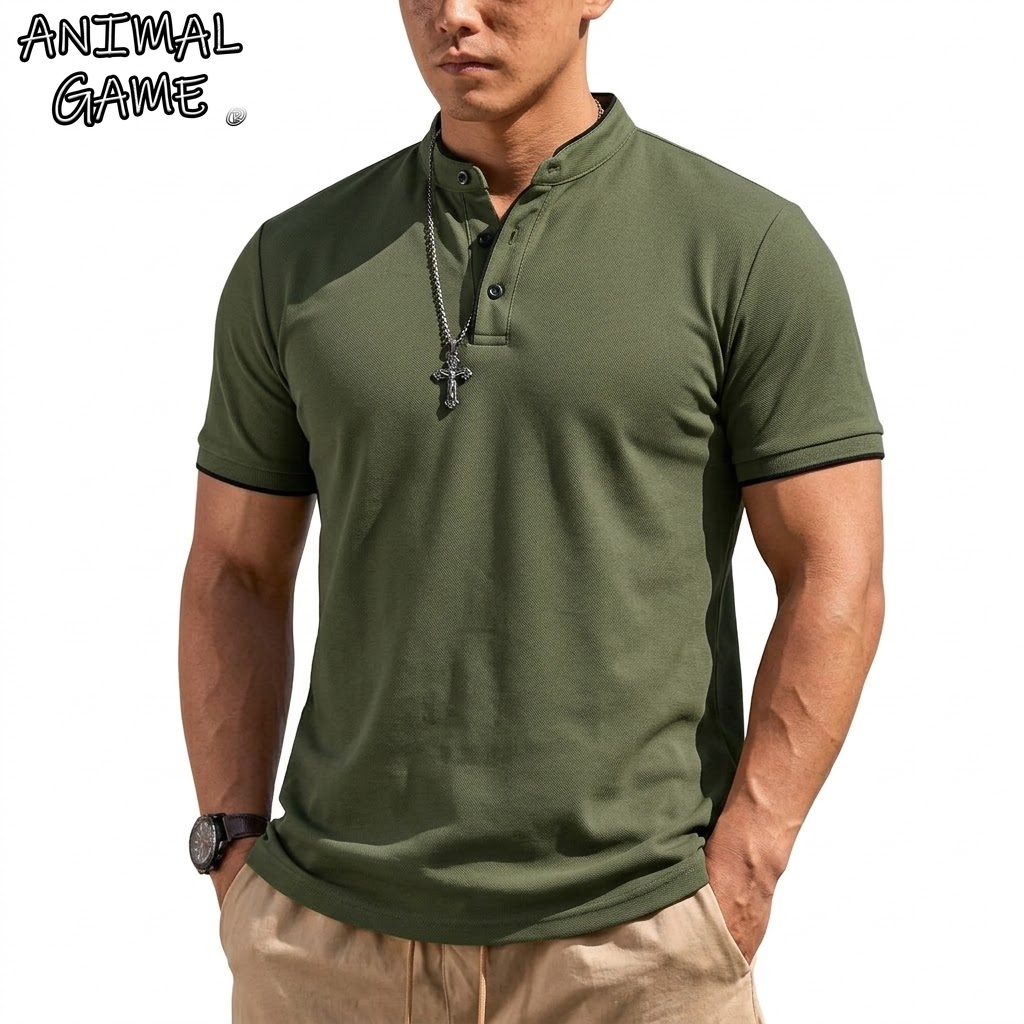 Hiking - 夏半袖ヘンリーシャツ男性ボタンポロシャツクラシック襟なし Tシャツ男性用高級通気性ハイキング Tシャツジム