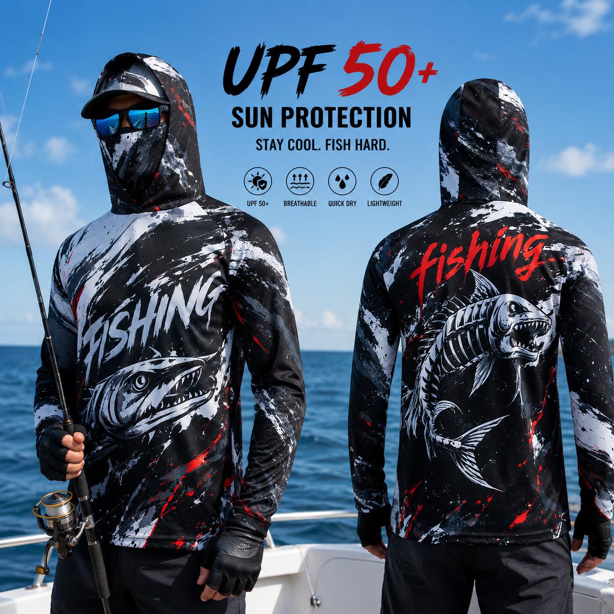 Fishing - 速乾性通気性メンズフィッシングフーディー グラデーションバスプリント UV日焼け防止 長袖 アウトドアスポーツフィッシングウェア