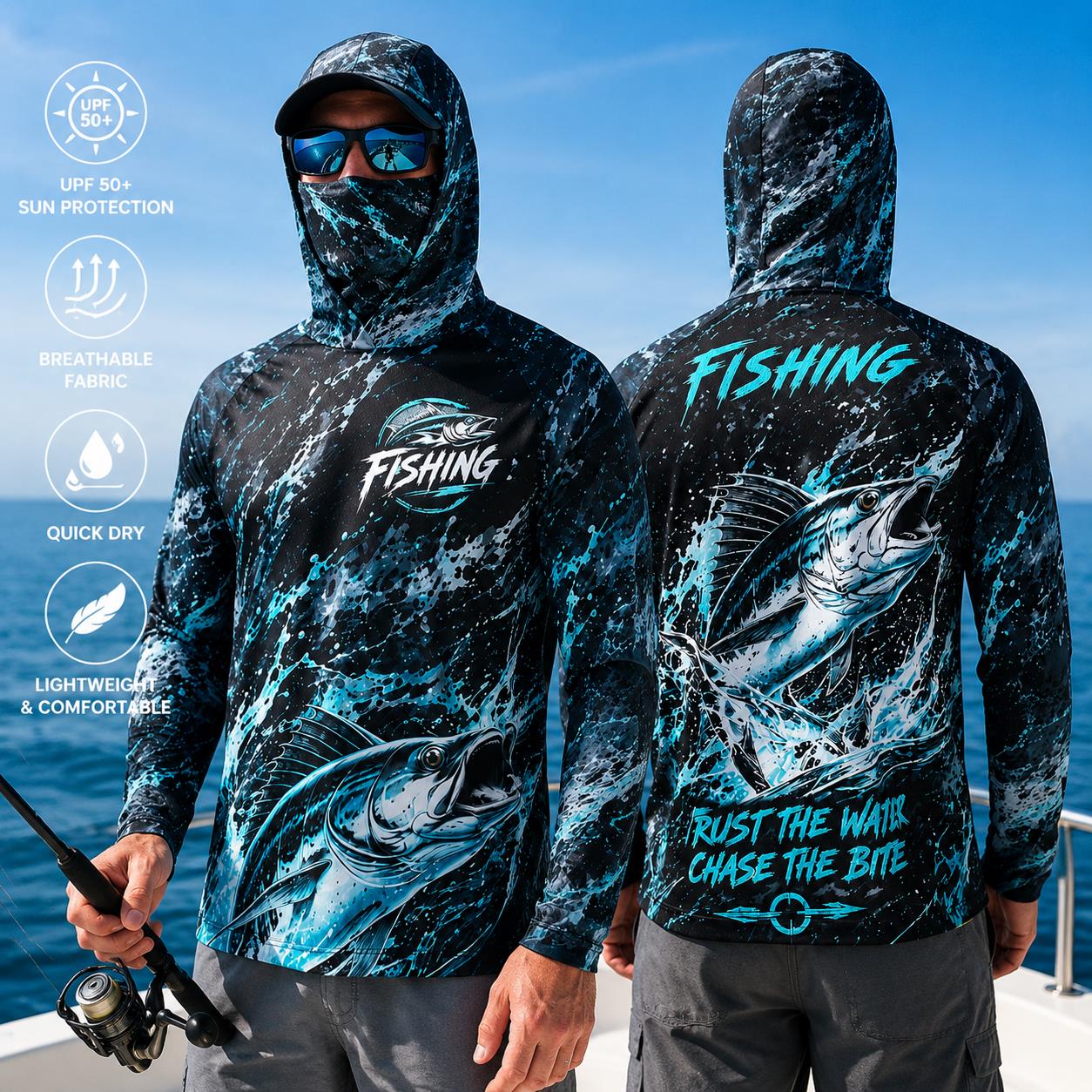 速乾性通気性メンズフィッシングフーディー グラデーションバス - Fishing のレビューと価格